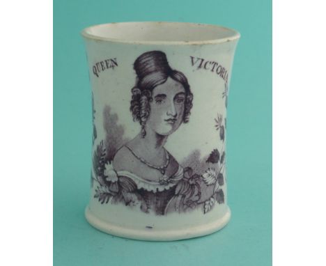 1837/38 Victoria: a good small Swansea mug printed in purple with a named portrait, 74mm. (commemorative, commemorating, roya