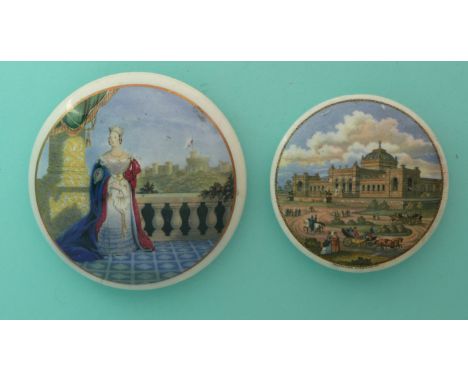 Queen Victoria on Balcony (150) large, hairline crack at seven o’clock and Philadelphia Exhibition (147) circular (2).(potlid