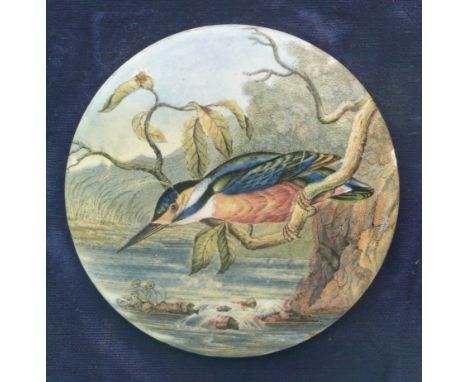The Kingfisher (296) early example, 108mm, two glaze blemishes, framed.(potlid, pot lid, Prattware, Staffordshire).