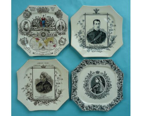 A ‘Statistics’ plate; Prince Albert Victor and ‘1886 Jubilee Year’ plate all by Wallis Gimson and another with portrait oval 