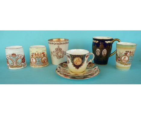 A Doulton Burslem beaker for 1887, an unusual William Lowe tapering mug for the 1901 death and proclamation; a trio, a mug an