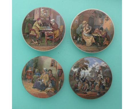 A Pair (252) The Best Card (254) Hide and Seek (255) and Village Wedding (240) (4).(potlid, pot lid, Prattware, Staffordshire