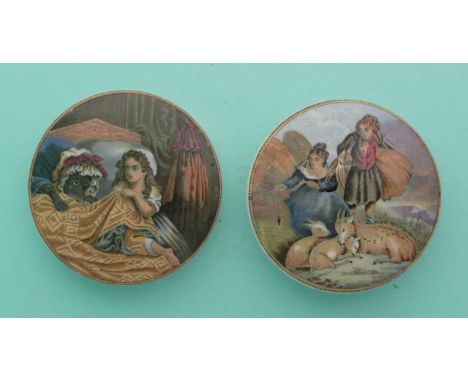 Little Red Riding Hood (358) and Lady Boy and Goats (316) (2).(potlid, pot lid, Prattware, Staffordshire).