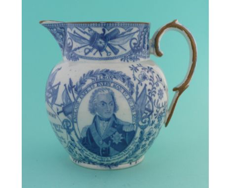 1805 Nelson in Memoriam: a pearlware jug printed in blue with a portrait oval, on the reverse Victory centred by a cartouche 