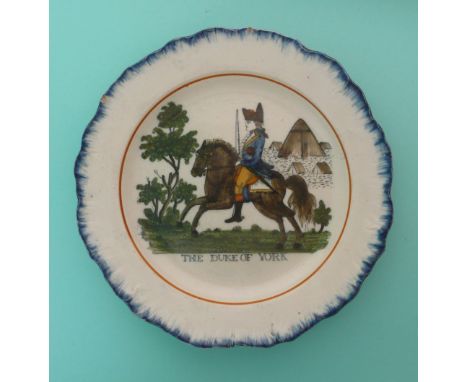 The Duke of York: a good Prattware blue feather edged plate painted in colours with a named equestrian portrait, circa 1793, 
