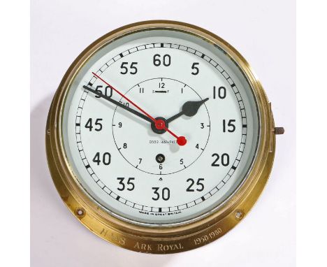 Bulkhead clock from the Royal Navy Aircraft Carrier HMS Ark Royal, pennant number R09, inscription on rim reads 'HMS Ark Roya