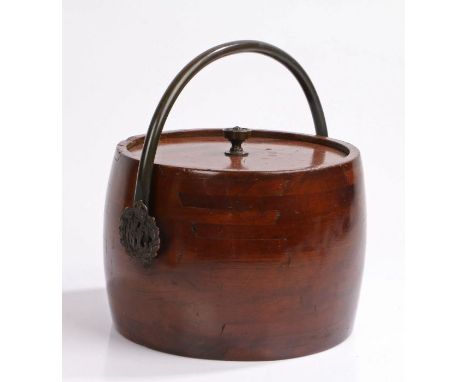 First World War trench art in the form of a round tub constructed from layered wooden strips, the metal handle held in place 