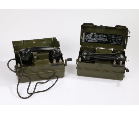 Pair of British army Telephone Set 'J' field communication telephones, stores reference YA 7815, marked with broad arrow, use