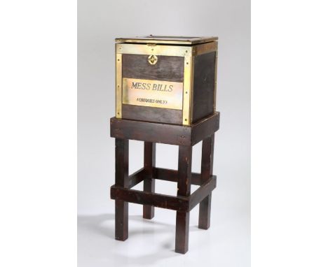 British army Mess Bills strong box, brass bound plywood box, letter box opening to lid, plaque reads 'PRESENTED TO THE WO'S A