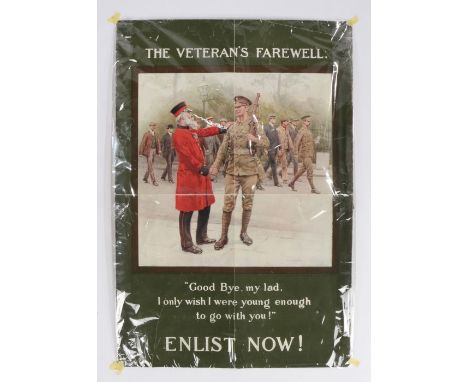 First World War British recruiting poster in the form of a Chelsea Pensioner shaking the hand of a soldier leaving for the fr