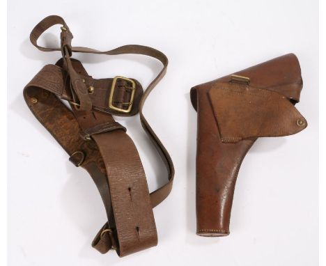 Early 20th century British officers Sam Browne belt and cross strap, together with a brown leather Webley service revolver ho