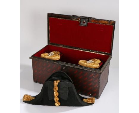 Royal Navy Officers full dress Bicorn hat & Epaulettes to Commander J.R. Simpson R.N., bullion loop coil with Kings crown gil