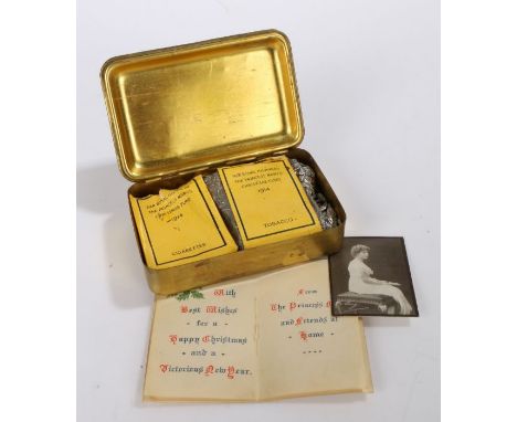 First World War Christmas 1914 Princess Mary gift tin with contents, tobacco packet open with some tobacco still remaining, c