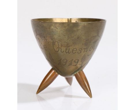 First World War Trench art, made from a British 80 MK IVA Fuze Cover in the form of a brass vessel with shaped spout, support