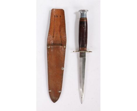 Dagger made by Wiiliam Rodgers, Sheffield, steel stilleto blade with makers name and 'I Cut My Way' on ricasso, ringed leathe