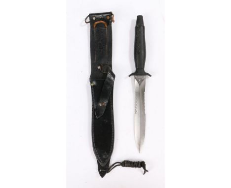 1970's U.S. Gerber Mk II Fighting Knife, double edged steel blade with serated section, maker marked to one side of ricasso, 