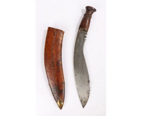 First World War Mk I Gurkha Kukri, curved, single fullered steel blade, steel bolster, solid walnut handle held in place by s