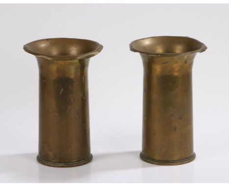 Pair of First World War trench art vases with flared rims, both are formed from British 18 Pdr shell cases, one dated 1917, t