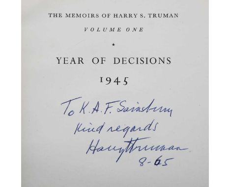 TRUMAN, Harry S. The Memoirs of… Year of Decisions 1945. London: Hodder and Stoughton, 1945. Volume 1, first British edition,