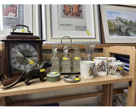 Mixed lot to include clock, nut cracker, table cruet, Royal comemoratives etc 