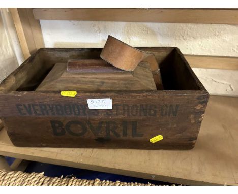 Wooden Bovril storage box together with a tea caddy and a leather belt 