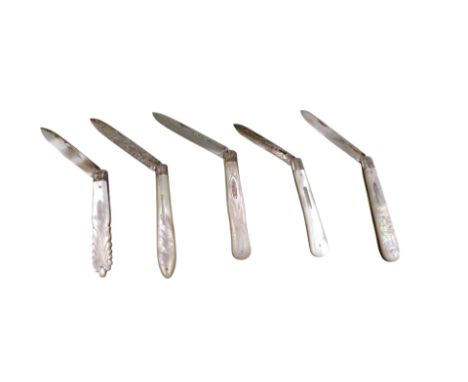 Five late 19thC and early 20thC silver and mother of pearl mounted fruit knives, makers to include John Oxley, Thomas Marple,