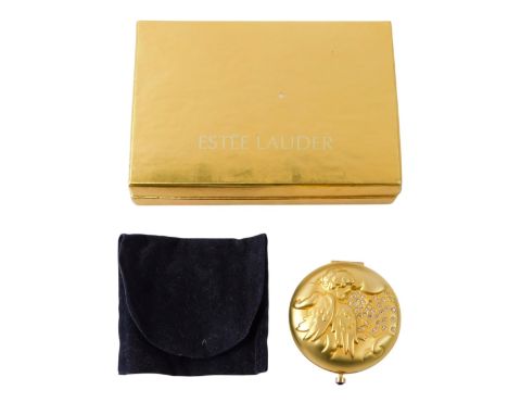 An Estee Lauder February powder compact, in fitted case, and a leather key ring bearing Mulberry stamp.