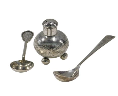 A Chinese silver coloured metal pepper pot, with embossed and repousse decoration of a dragon, possibly silver plate, and two