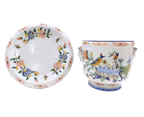 A 19thC Fourmaintraux Courquin Desvres Faience planter, and saucer or stand, 20cm high overall.