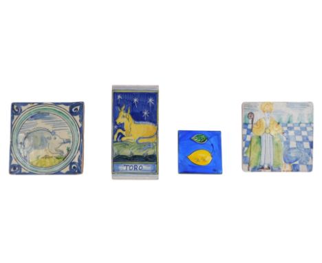 An Italian style ceramic tile, decorated with a bull titled Torro, stamp to reverse Simonetti, two other similar tiles, and a