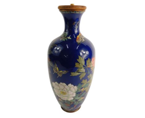 An Oriental cloisonne vase, decorated with flowers and butterflies, on a blue ground, converted to a lamp, and weighted, 40cm