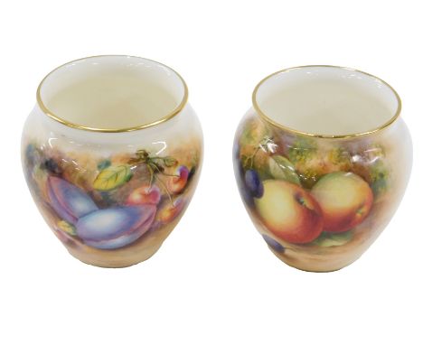 A pair of Royal Worcester porcelain small vases, each painted with fruit, signed N Aynton and Cooper respectively, printed ma