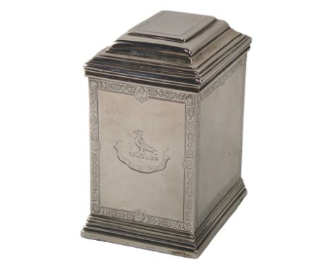 A Victorian silver tea caddy, with a domed lid, engraved sides, and a bird crest, with Latin motto, weighted, London 1867, 15