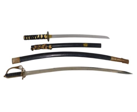 A modern replica sword and scabbard, with etched floral design to the blade, wire wound, fabric covered scabbard, with thin m