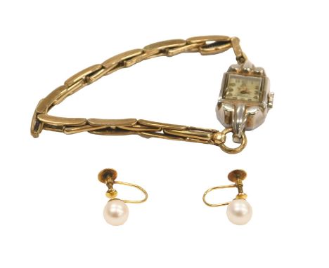 A pair of Lotus simulated pearl earrings, with yellow metal screw fittings, stamped 9ct, cased, together with a mid century l