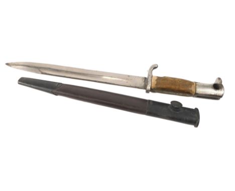 A German Mauser bayonet, replacement handles, and missing fittings, with scabbard. (AF)