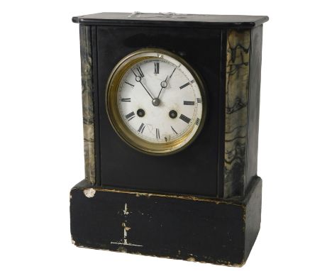 A late 19thC French black slate and marble mantel clock, with Roman numerals to the enamel dial, and eight day movement, 28cm