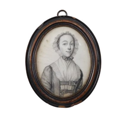 19thC School. Portrait of a lady wearing a lace bonnet, in miniature, pencil onto paper, in contemporary oval ebonised frame,