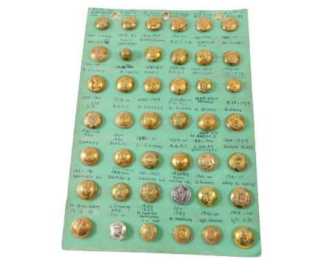 A collection of buttons, including The Royal Army Ordnance Corps, The Irish Guards, The Royal Army Cyclist Corps, and The Mac