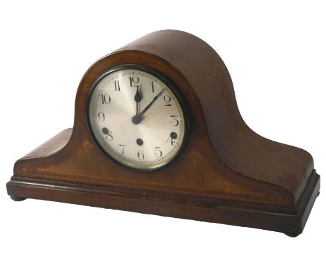An Edwardian mahogany and marquetry mantel clock, the silvered dial with Arabic numerals, and eight day chiming movement, 44c