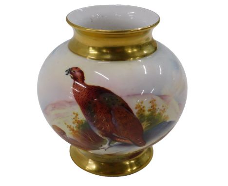 A Caverswall limited edition porcelain vase, painted with a scene of grouse, etc., in Royal Worcester style by L Woodhouse, n