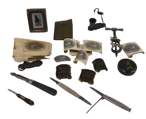 Miscellaneous items, to include metal corkscrew, a green patinated pin tray modelled with a stork, various vintage English ho