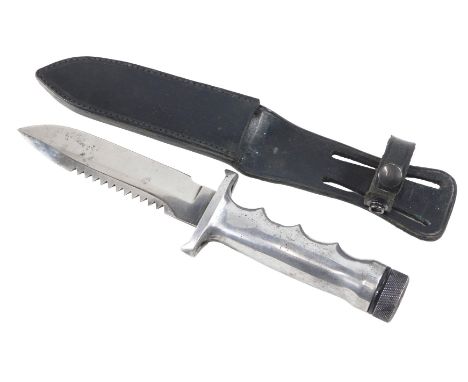 A cast aluminium handled divers or adventure knife, and leather scabbard.