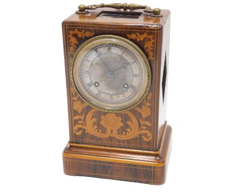 A late 19thC French carriage clock, in rosewood and marquetry case, the silver dial stamped Laine a' Paris, with brass handle