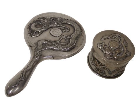 A Chinese silver box and cover, decorated with a dragon and engraved initial S mark to underside, Yok Sang, 6.04oz, and a mat