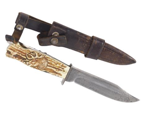 A faux antler handled hunting knife/multitool, blade marked Decora Solingen Made in Germany, post-war, with leather scabbard.