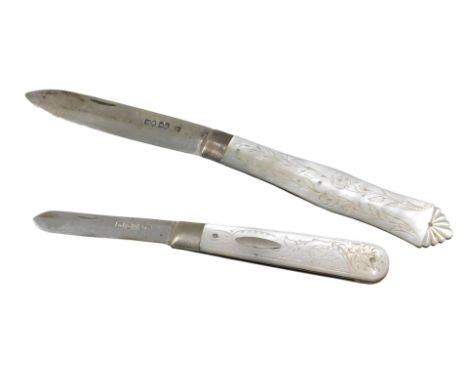 A Victorian silver and mother of pearl mounted fruit knife by George Unite, Birmingham 1849, and a 20thC example by William N