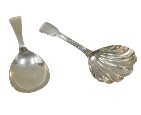A George III silver fiddle pattern caddy spoon, with shell shaped bowl, London 1799, and another silver caddy spoon, 0.96oz o