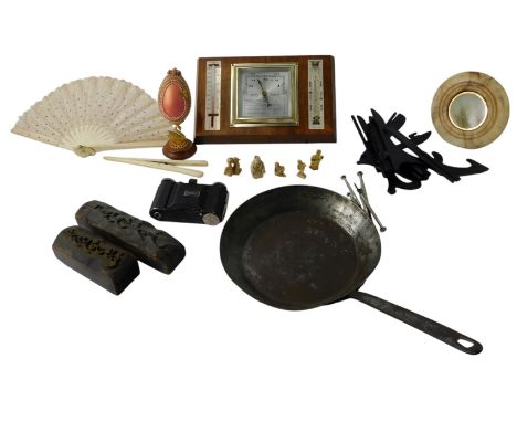 Miscellaneous items, to include two Eastern printing blocks, an alabaster plaque decorated with a photograph of Peverill Cast