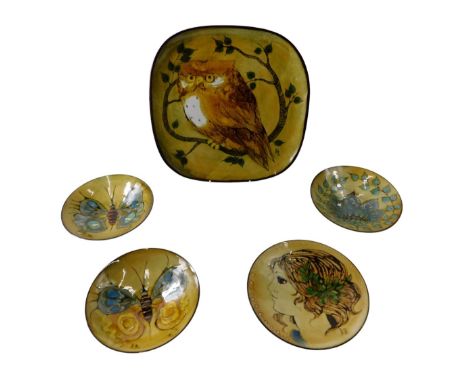 A collection of Chelsea Studio pottery, to include three bowls decorated with butterflies, flowers, and a female portrait, va
